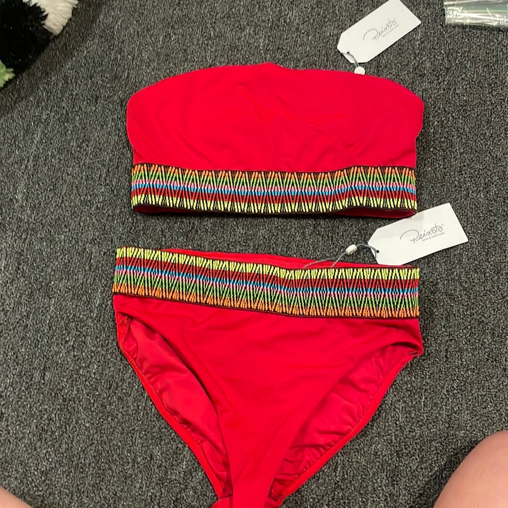 Brand new piexoto red strapless bikini with neon stitching size small